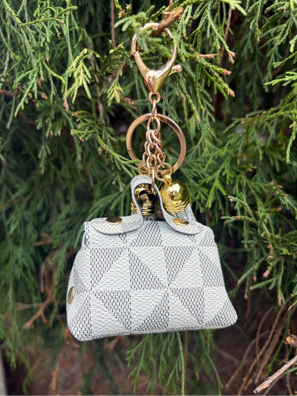 White Mini Bag Charm Keychain with Gold Hardware - Picture 2 of 2